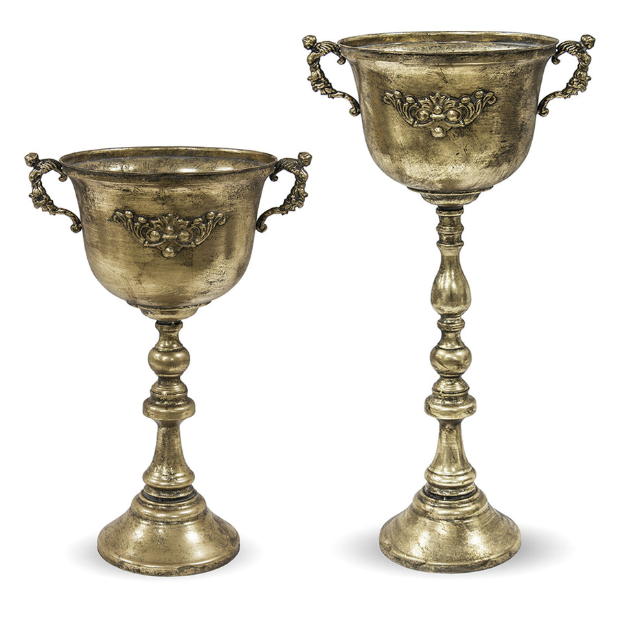 Dekoratív kialakítású, patinás felületű,, aranyszínű, fém díszkaspó.