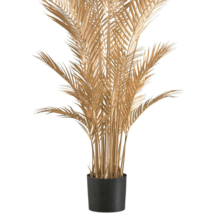 Aranyszínű mű aranypálma alsó része fekete kaspóval, elegáns dekorációhoz.