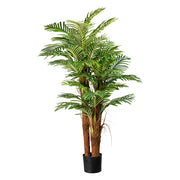160 cm magas, több törzsű, zöld színű mű aranypálma, fekete műanyag kaspóban.