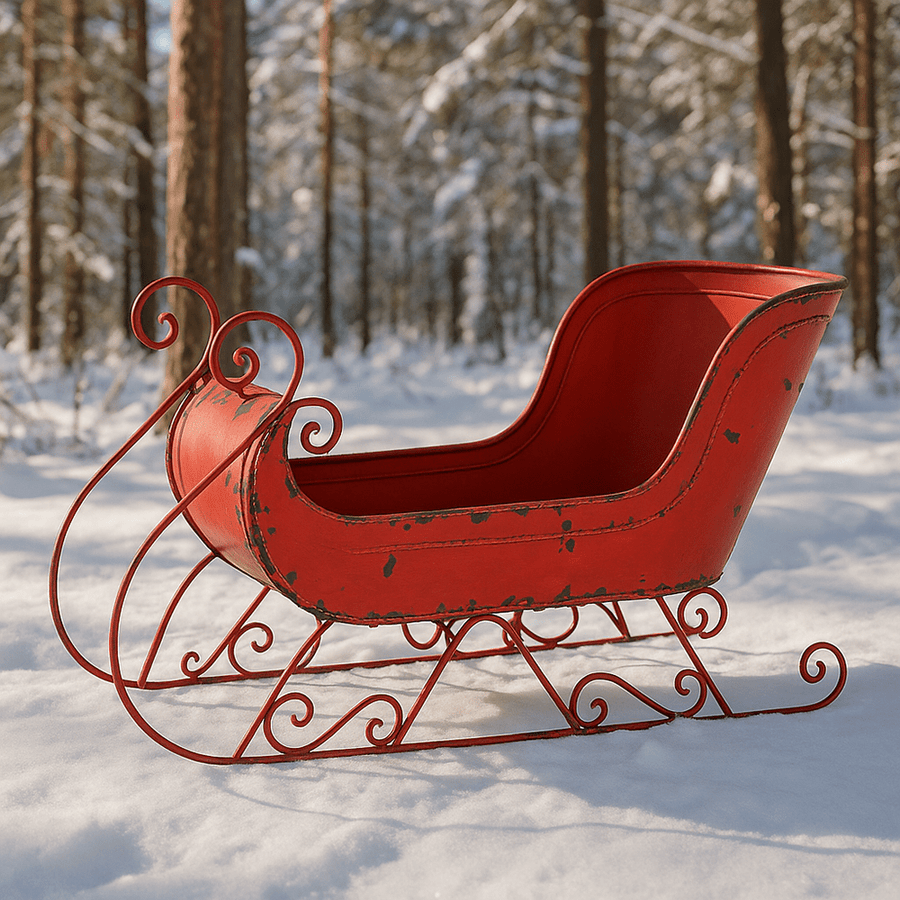 Art Ferro bordó fém dekor szán havas erdei környezetben, vintage karácsonyi hangulatot idézve.