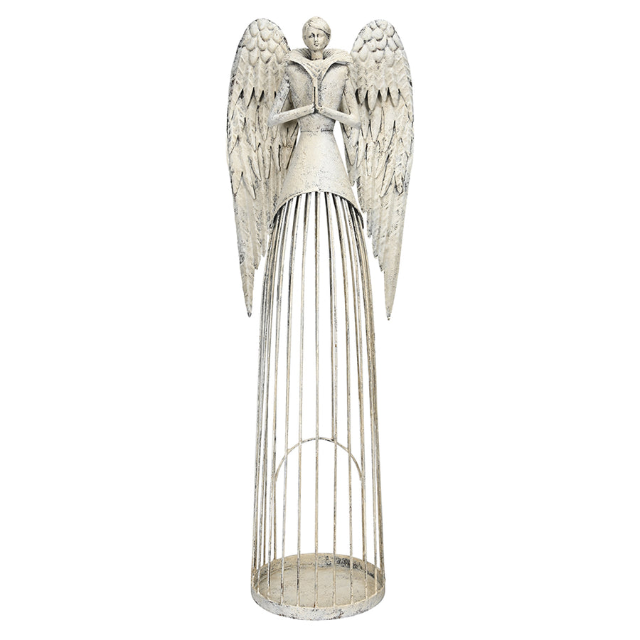 Art Ferro antikolt krémszínű fém angyal figura 71 cm magas, rusztikus stílusban