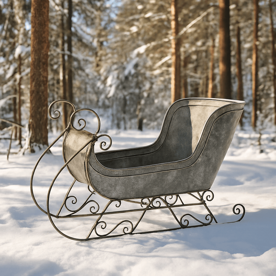 Art Ferro fém dekor szán havas erdei környezetben, vintage karácsonyi hangulatot idézve.