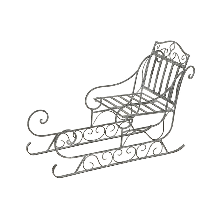 Art Ferro nagy antik szürke fém dekor szán oldalnézetből, fehér háttéren, elegáns rusztikus kialakítással.