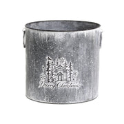 Ünnepi dombormintával díszített, karácsonyi bádogkaspó.