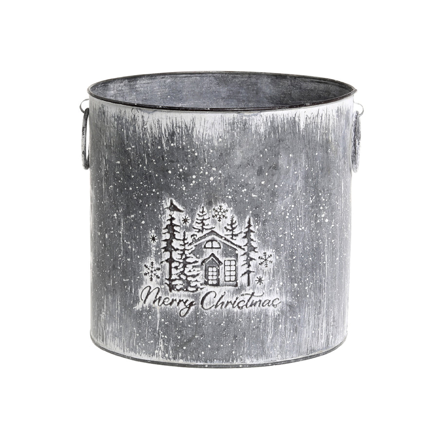 Ünnepi dombormintával díszített, karácsonyi bádogkaspó.