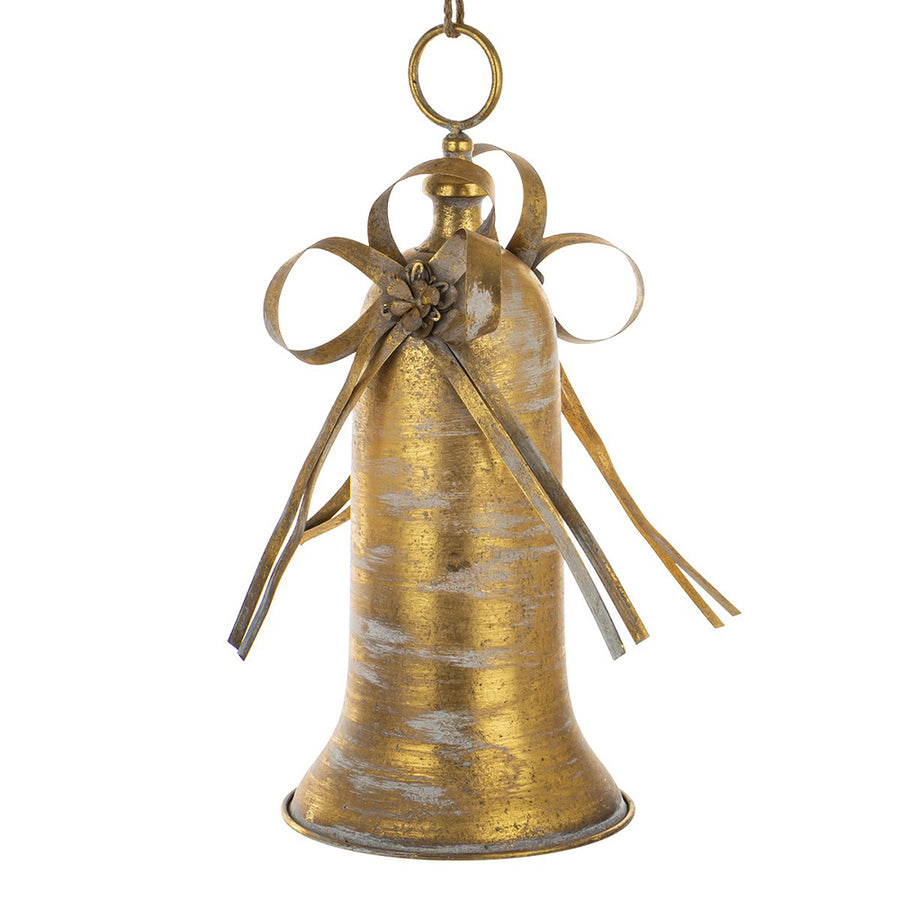 Aranyszínű, fémből készült, karácsonyi harang.