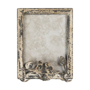 Fém levelekkel és madarakkal díszített, krémszínű asztali fényképtartó képkeret.