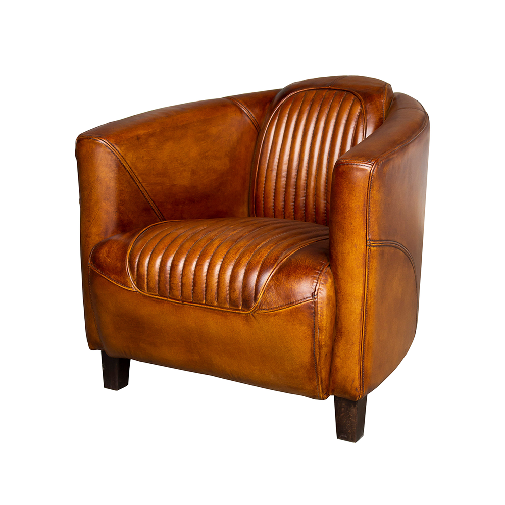 AVIATOR bőrfotel sötétbarna anilin bőr kárpitozással, ívelt karfával és steppelt ülőfelülettel