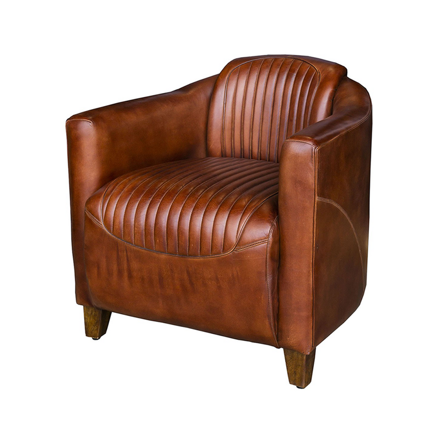 Aviator bőrfotel oldalnézetből, tömör karfával és ívelt háttámlával