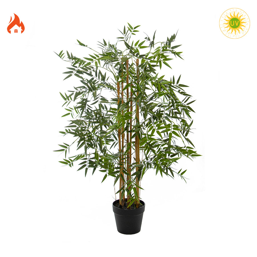 Tűz- és UV-álló, 180 cm magas élethű mű bambusz, fekete kaspóban, valódi bambusztörzsekkel.