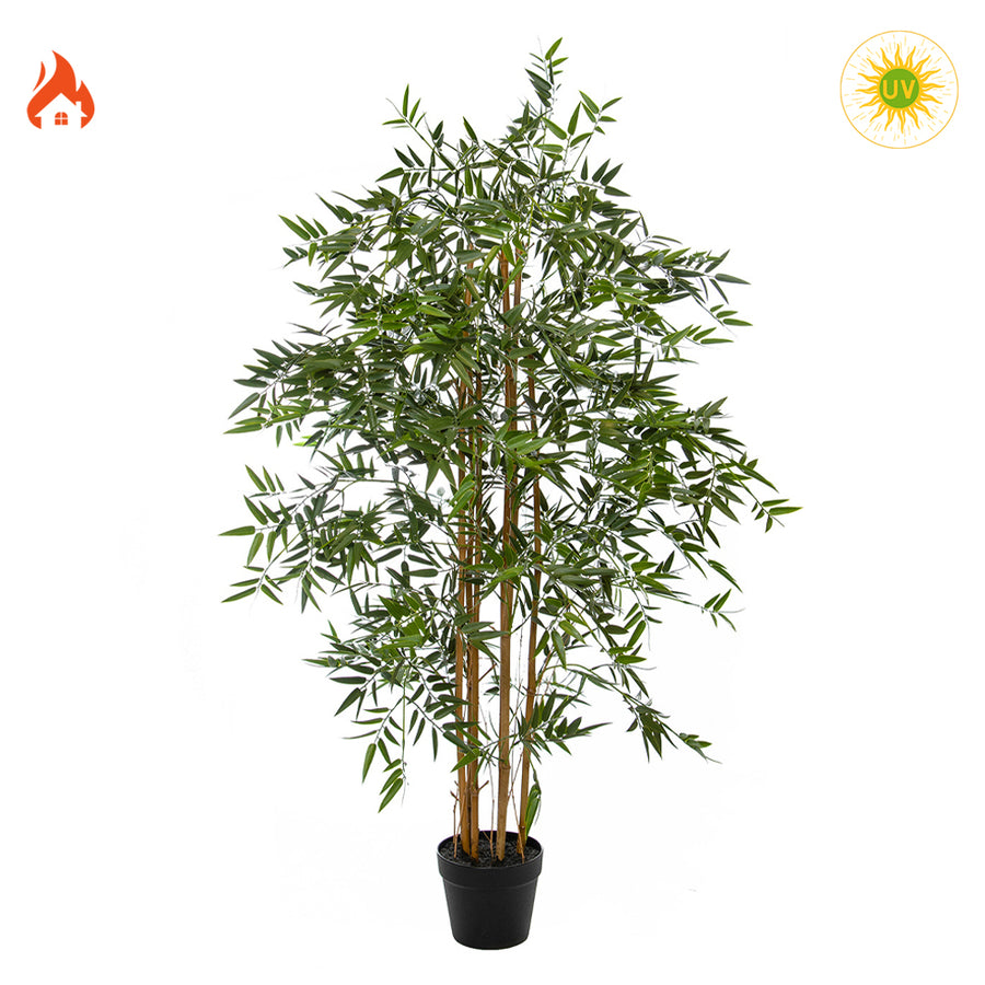 Tűz- és UV-álló, 180 cm magas élethű mű bambusz, fekete kaspóban, valódi bambusztörzsekkel.