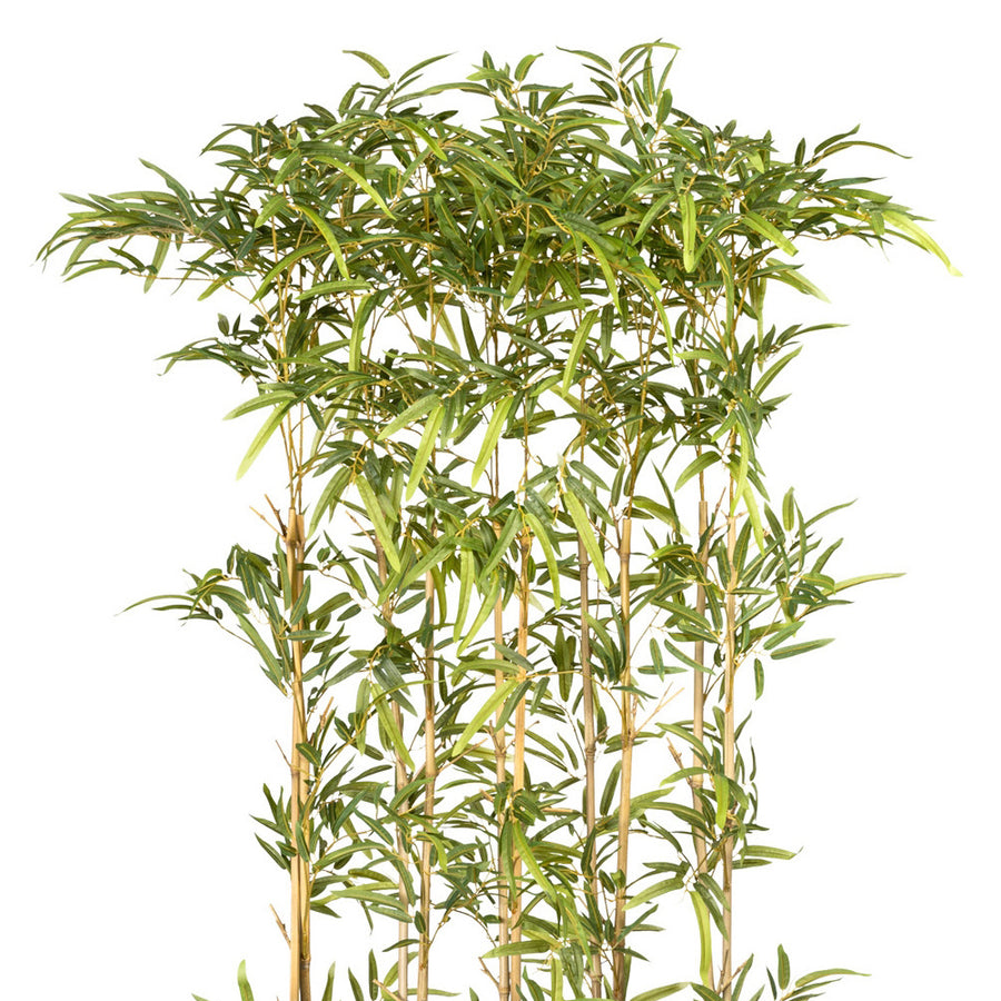 UV-álló, 160 cm magas mű bambusz térelválasztó felső lombkoronája, valódi bambusz törzzsel és sűrű, lándzsa alakú levelekkel.