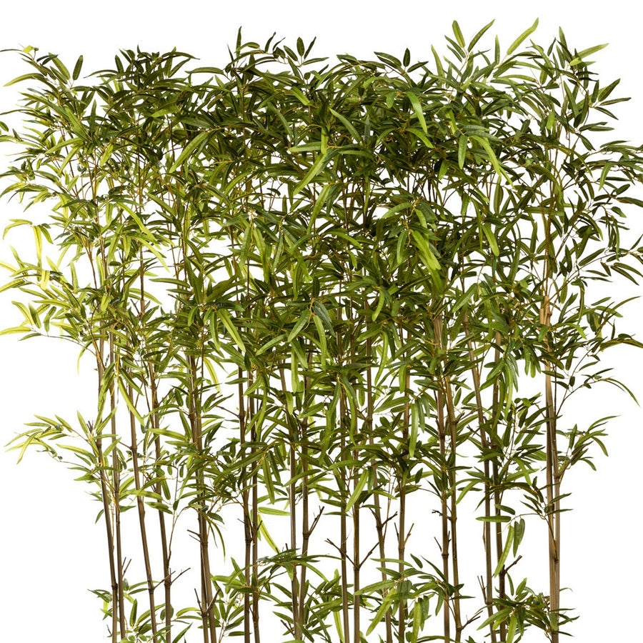 UV-álló, 200 cm magas mű bambusz térelválasztó felső lombkoronája, valódi bambusz törzzsel és sűrű, lándzsa alakú levelekkel.