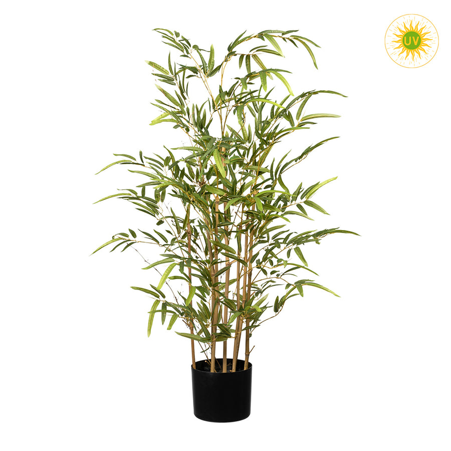 UV-álló, 100 cm magas mű bambusz cserje fekete kaspóban, valódi bambusz törzzsel