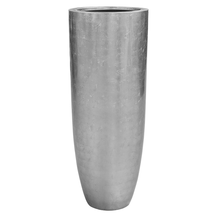 Fényes ezüstszínű, magas, henger alakú BAQ kaspó – modern, luxus hatású kivitel beltéri növényekhez.