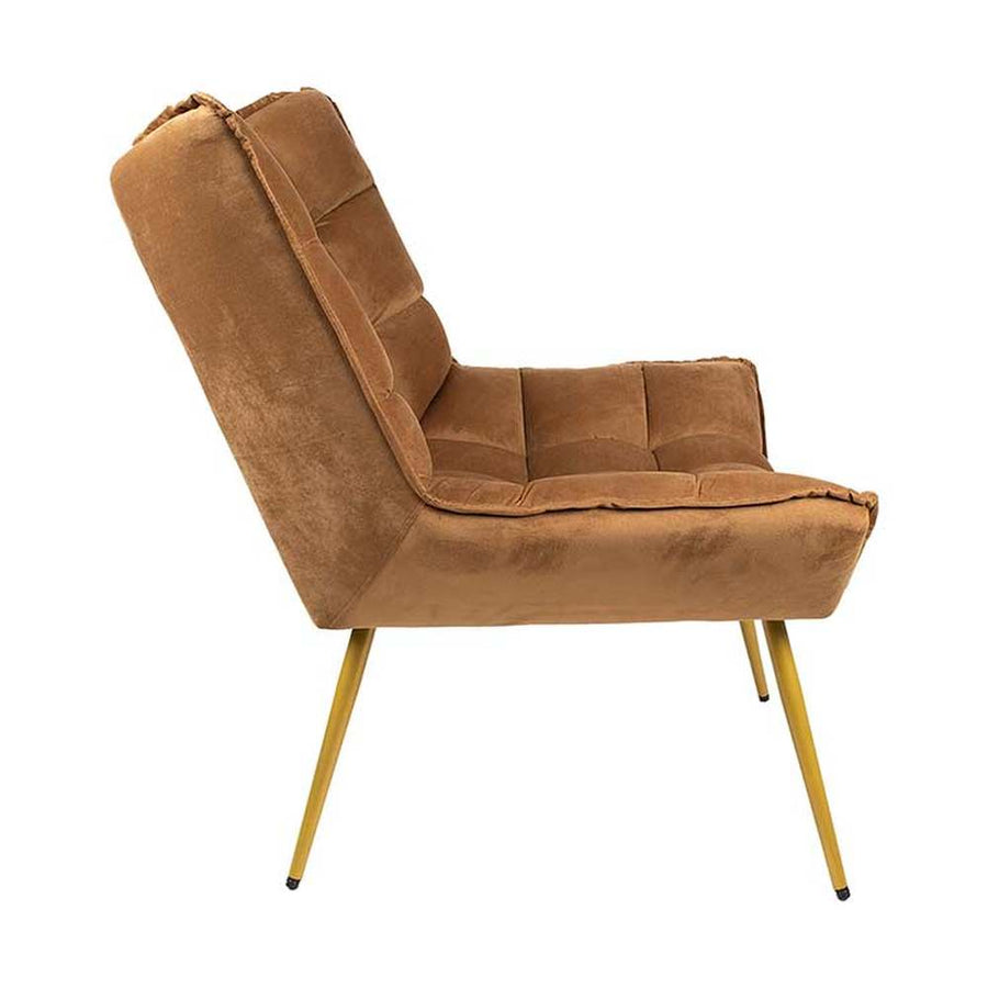 Barna színű bársonyszövettel kárpitozott, dizájn fotel.