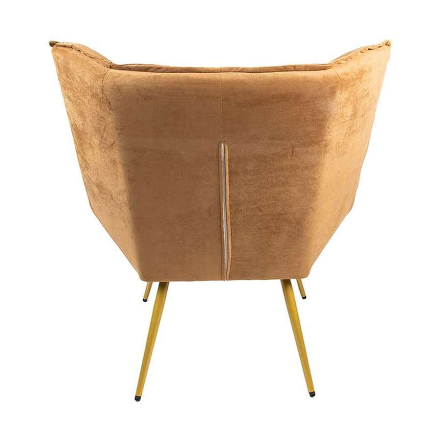 Barna színű bársonyszövettel kárpitozott, dizájn fotel.