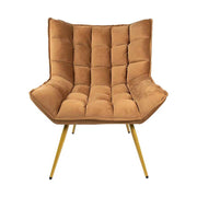 Barna színű bársonyszövettel kárpitozott, dizájn fotel.