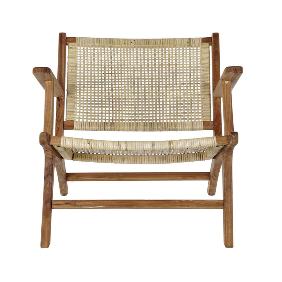 Barna színű, teakfából és rattanból készült, formatervezett karosszék.