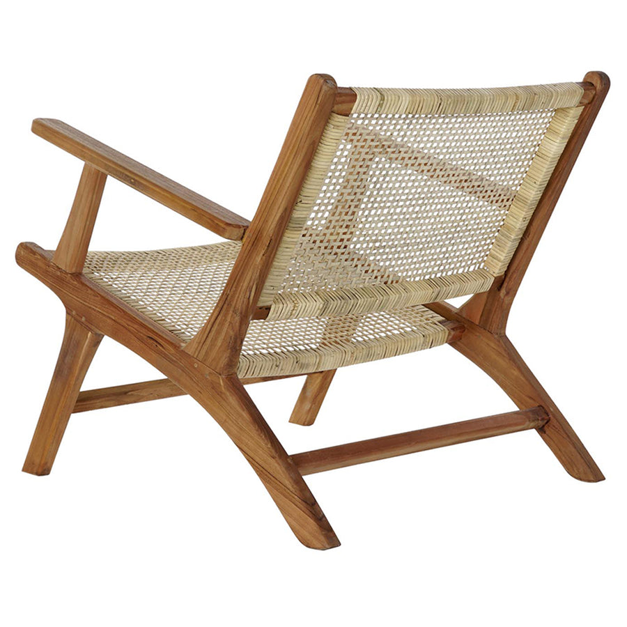 Barna színű, teakfából és rattanból készült, formatervezett karosszék.