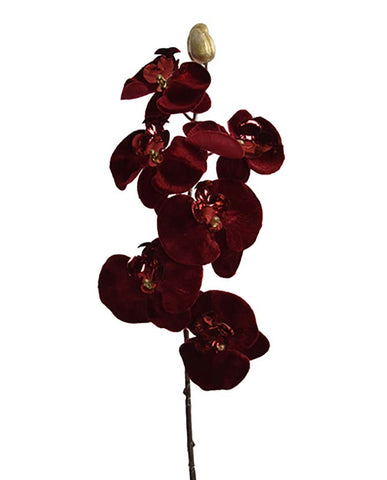Burgundi színű, bársonyból készült szálas orchidea művirág.