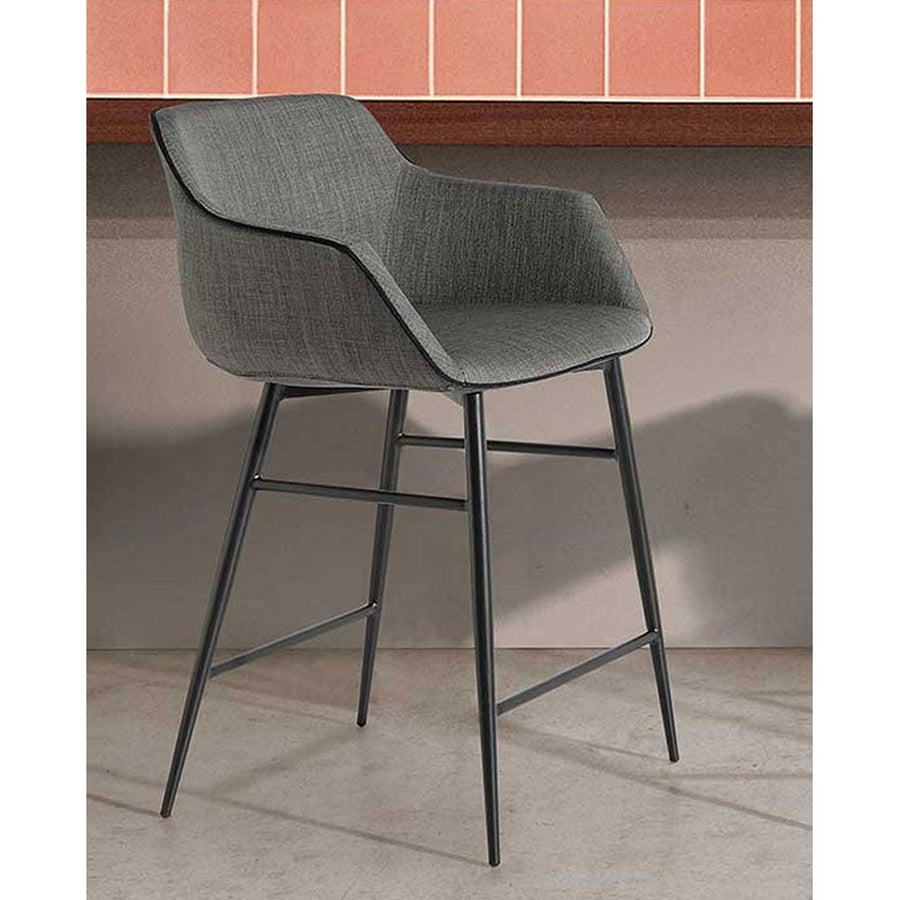 Szürke színű szövettel kárpitozott, acél szerkezetű, formatervezett dizájn bárszék.