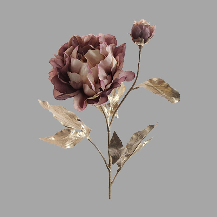 Mű bazsarózsa ág, fényes pezsgőszínű szárral és levelekkel, barna színárnyalatú nyílt és bimbós virágfejekkel.