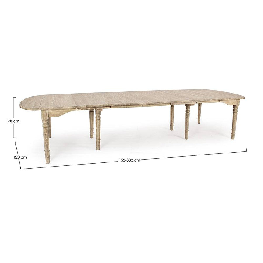 Teljes méretre kihúzott BEDFORD étkezőasztal, méretekkel jelölve: 152–382×120×78 cm.