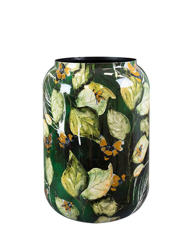 Bee Green design kaspó Ø 30 × 42 cm – kézzel festett fém kaspó zöld levelekkel, virágmintákkal és arany érintéssel, Designed by Lammie