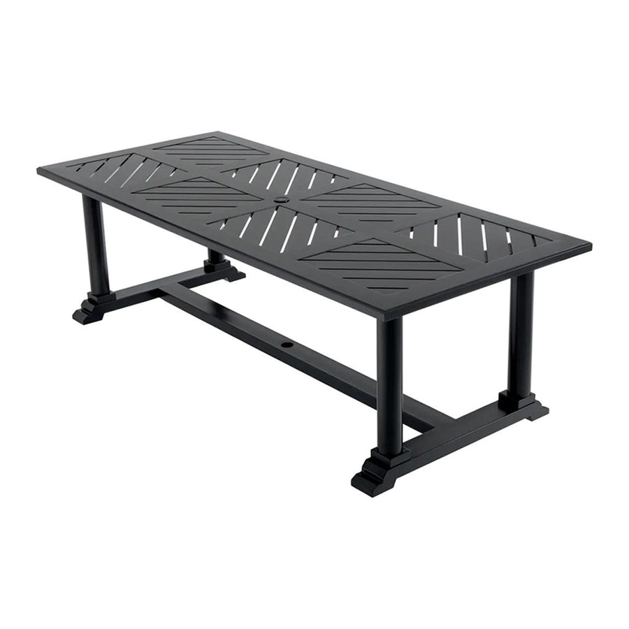 Matt fekete színű, porszórt alumíniumból készült, formatervezett kerti design étkezőasztal.