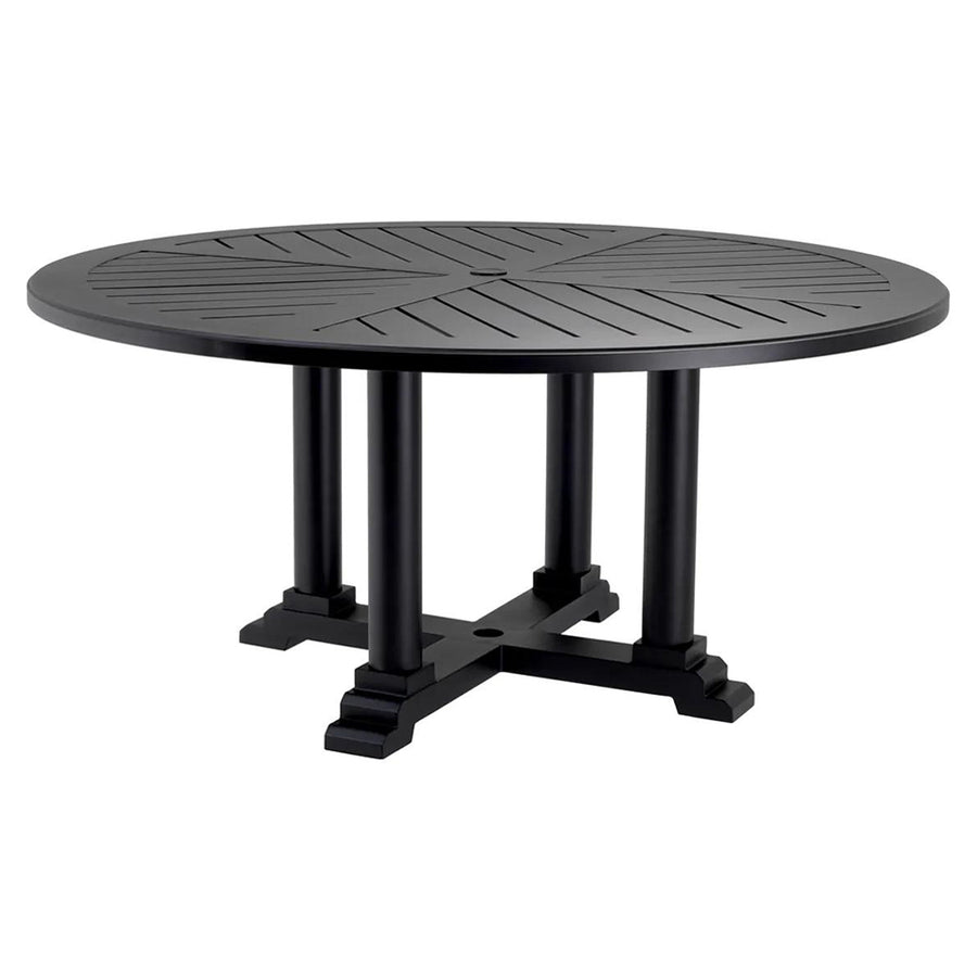 Matt fekete színű, porszórt alumíniumból készült, kerek formájú, formatervezett kerti design étkezőasztal.