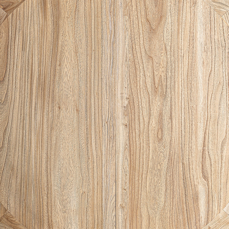 Natúr színű, újrahasznosított szilfából készült, kör formájú, exkluzív kézműves étkezőasztal.