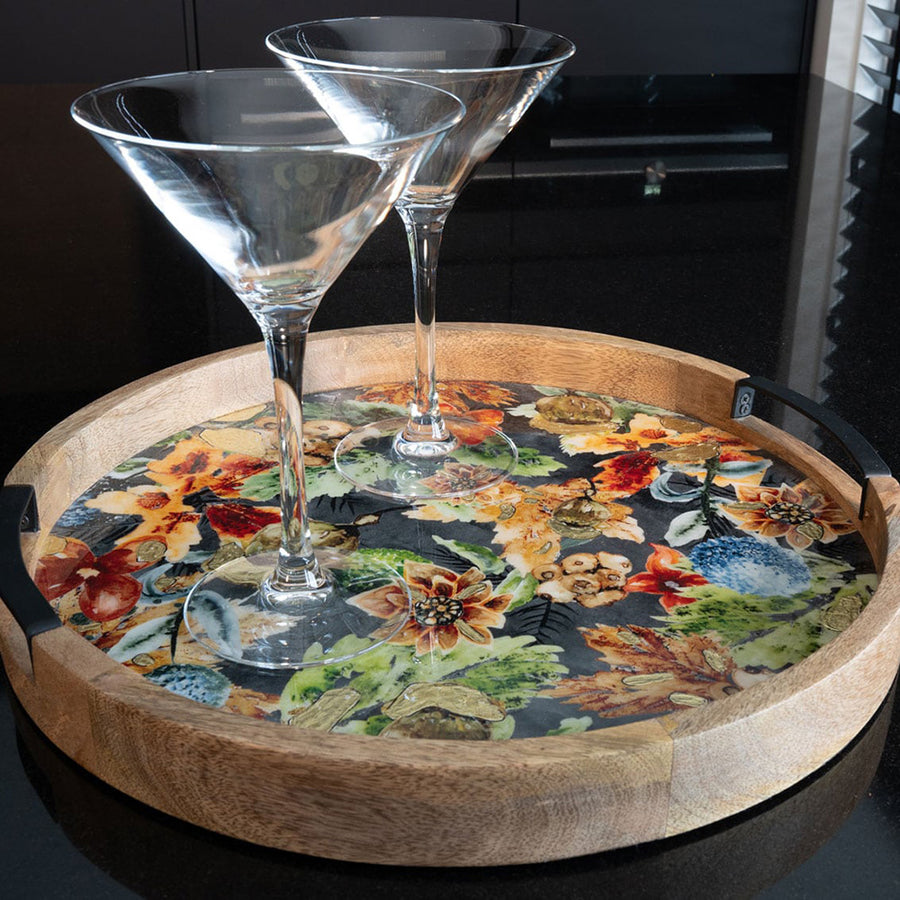 Őszi hangulatú, mangófából készült design tálca.