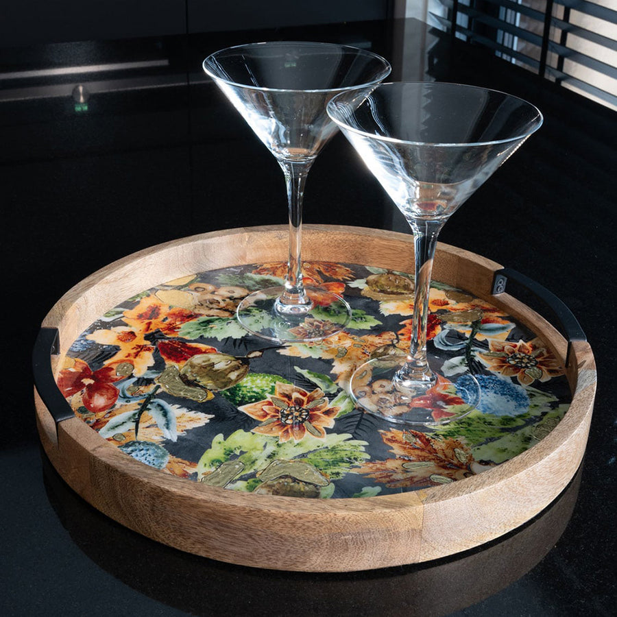 Őszi hangulatú, mangófából készült design tálca.