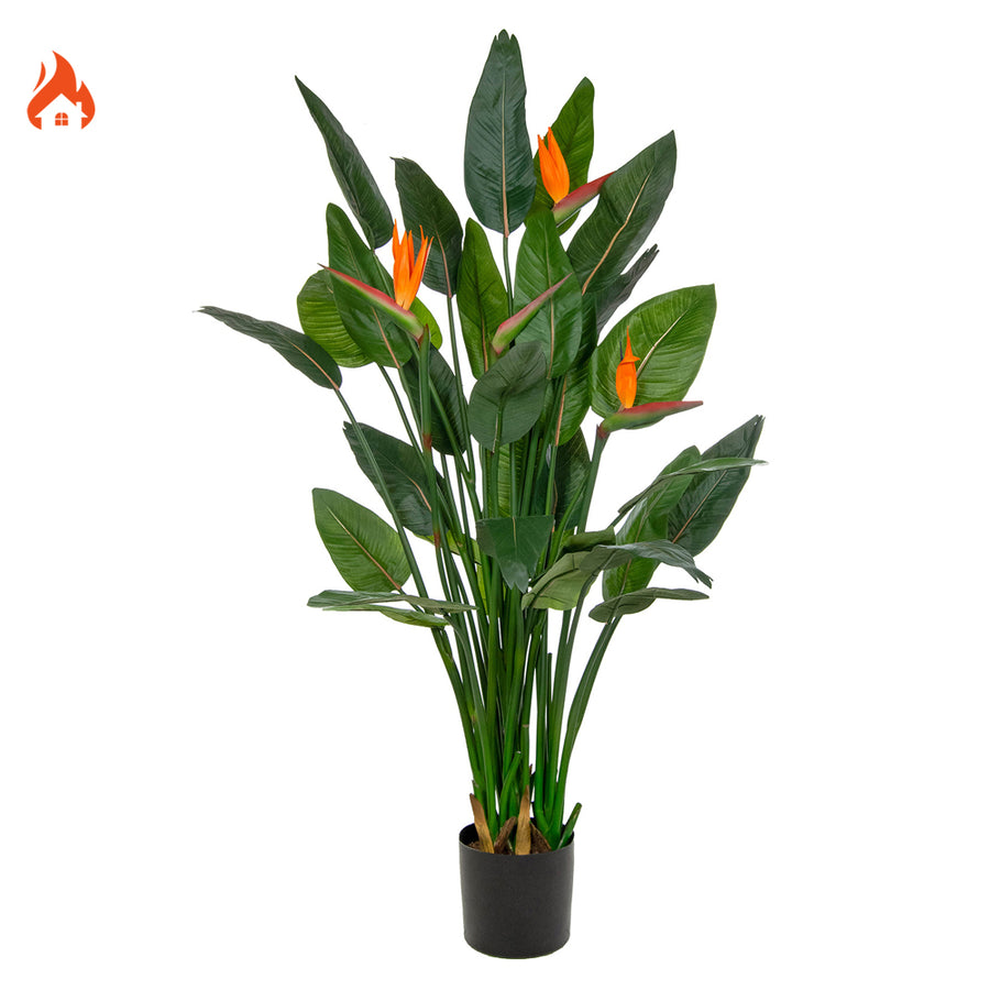 BIRD OF PARADISE tűzálló mű strelitzia 150 cm, élethű zöld levelekkel és narancssárga virágokkal.