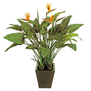 Élethű, 130 cm magas virágzó Bird of Paradise mű strelitzia fekete kaspóban, gazdag zöld lombozattal és 5 narancssárga virággal.