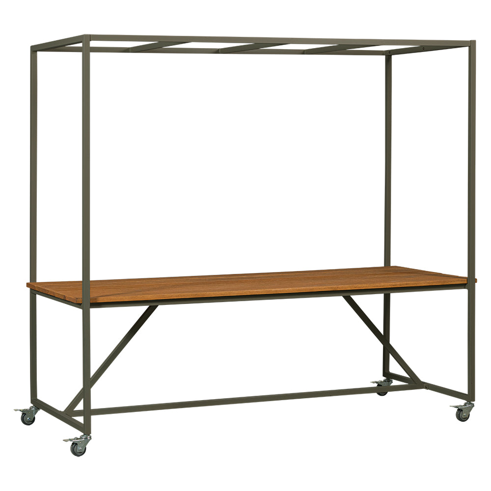 loft stílusú kerekes kerti asztal fém vázzal és fa asztallappal