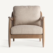 Tömör kőrisfából készült, rattanszövettel kialakított, bézs színű szövettel kárpitozott, formatervezett kortárs fotel.