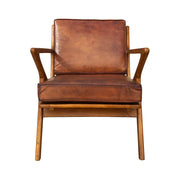 Teakfából készült, antikolt dohánybarna színű bőrrel kárpitozott, kézműves design fotel.