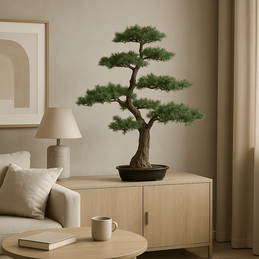 Zöld színű, mű cédrus bonsai fa, fekete színű ovális műanyag cserépben.