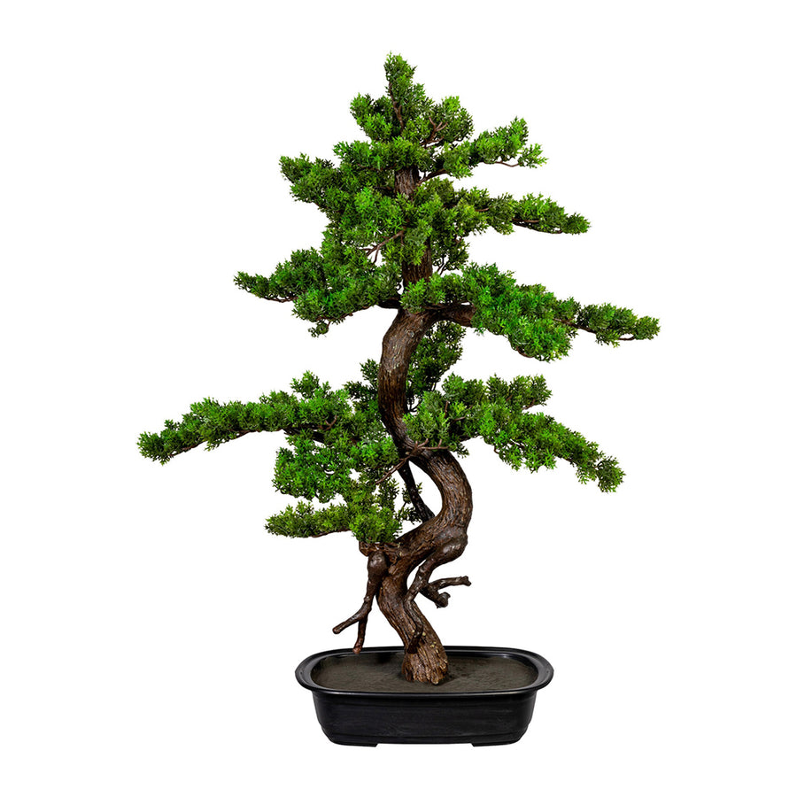 Zöld színű, mű mirtusz bonsai fa, fekete ovális műanyagkaspóban.