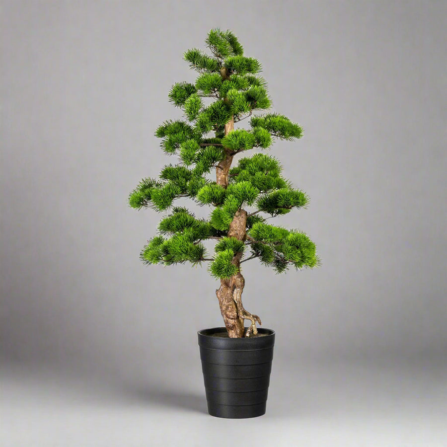 Zöld színű, mű fenyő bonsai fa, fekete színű műanyag cserépben.