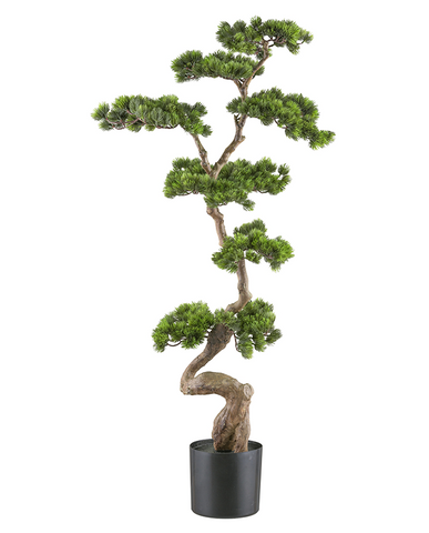 Mű fenyő bonsai fa, fekete színű műanyag cserépben.