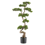 Mű fenyő bonsai fa, fekete színű műanyag cserépben.