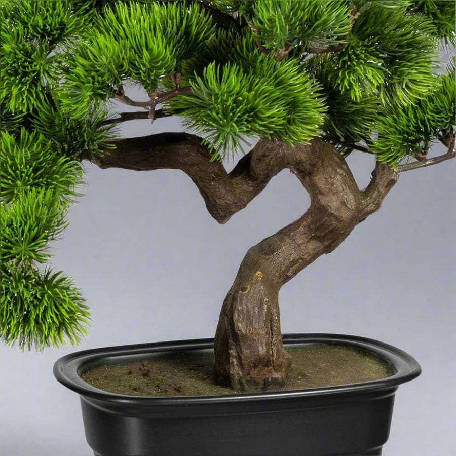 Zöld színű, mű fenyő bonsai fa, fekete színű, ovális műanyag cserépben.