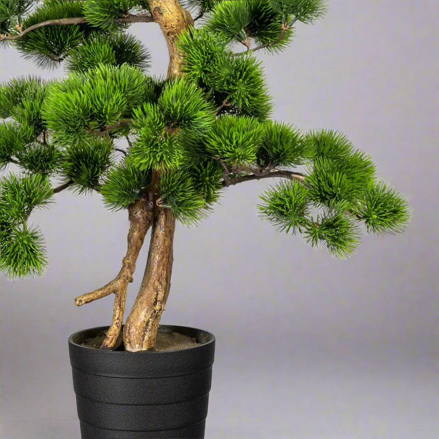 Zöld színű, mű fenyő bonsai fa, fekete színű műanyag cserépben.