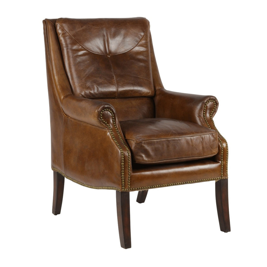 Dohánybarna színű bőrrel kárpitozott bőrfotel.