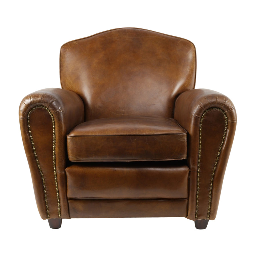 Club Charleston bőrfotel szemből, ívelt háttámlával és szegecselt karfával