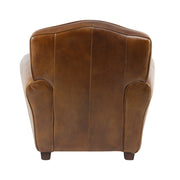 Vintage stílusú bőrfotel hátlapja, részletgazdag kidolgozással