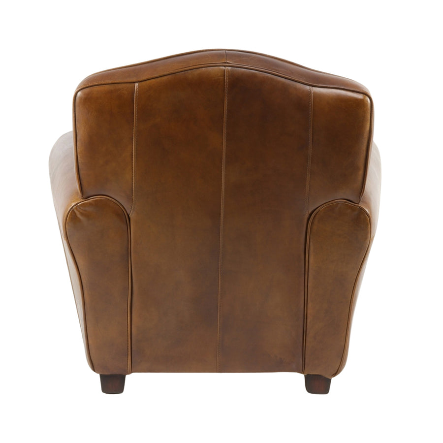 Vintage stílusú bőrfotel hátlapja, részletgazdag kidolgozással